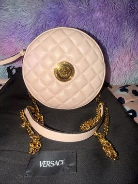 Versace Blush Quilted Round Crossbody Bag with Gold Medallion